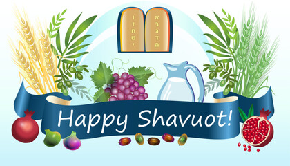 Happy Shavuot greeting card with seven species wheat, barley, grapes vines, figs, pomegranates, olive oil, honey and Torah with Ten commandments Hebrew letters, Jewish Holiday religion traditions sign
