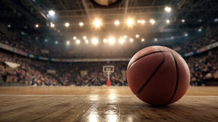 A basketball resting at center court under bright arena lights, capturing the anticipation of a live sports event.