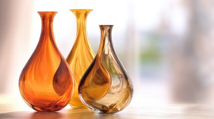 Three elegant glass vases in warm colors reflecting light in a soft interior setting