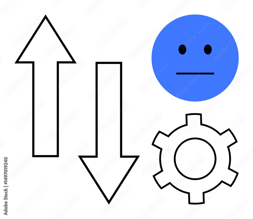 Poster blue face surrounded by upward and downward arrows and a gear, symbolizing emotion, change, directio