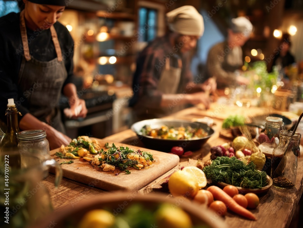 Aufkleber diverse group cooking together in rustic kitchen, representing collaboration and culinary teamwork f