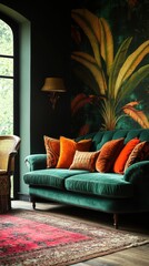 Luxurious Emerald Green Velvet Sofa in Tropical Themed Room