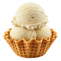 Vanilla ice cream in waffle basket isolated on white background.