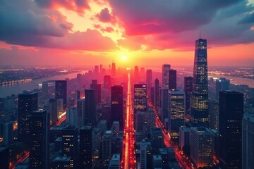 Fototapeta premium A bustling cityscape skyline at sunset, reflecting the vibrant energy and ambition of modern business Ideal for illustrating concepts of growth, opportunity, and corporate success , urban, industry