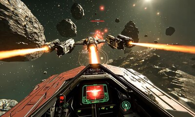 Futuristic space battle scene with a fighter jet maneuvering through asteroids while firing lasers - Powered by Adobe
