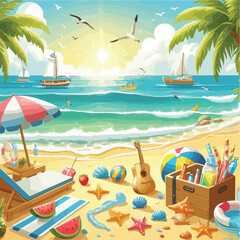 Bright and cheerful summer vacation vector design featuring tropical elements like palm trees, beach umbrellas, surfboards, sun hats, and waves. Ideal for travel posters, holiday promotions, and summe