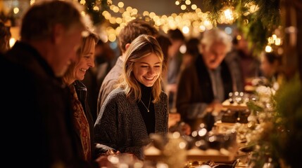 Smiling Woman Browsing at a Christmas Market Stall Under Twinkling Lights, Representing Holiday Shopping and Festive Celebration : Generative AI