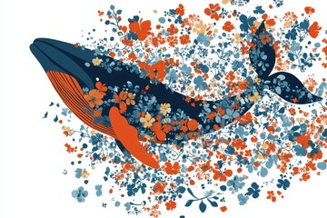 Minimalistic whale illustration with vibrant floral motif design for creative decor