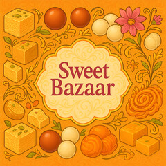 A graphic design, likely for a food product, features a variety of colorful Indian sweets. 
