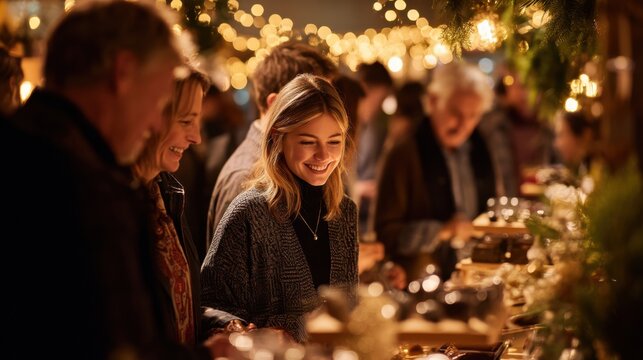 Smiling Woman Browsing at a Christmas Market Stall Under Twinkling Lights, Representing Holiday Shopping and Festive Celebration : Generative AI