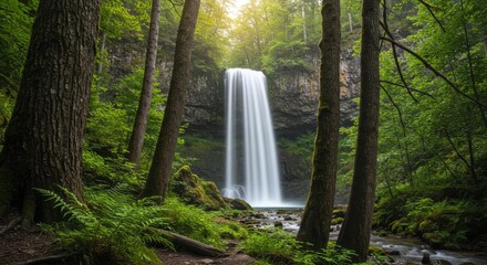 Dramatic Waterfall in Lush Forest with Sunbeams and Framing Foliage