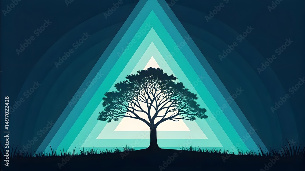 Poster silhouette of a tree against layered teal triangles with grass in the foreground at the bottom
