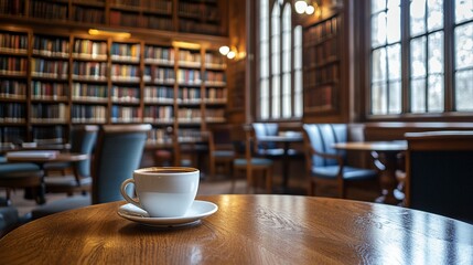 A warm beverage sits on a wooden table in a sunlit library, surrounded by bookshelves and seating areas