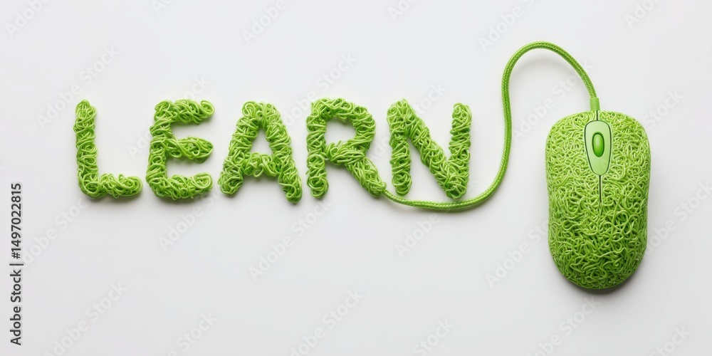 Fototapete green noodles creatively form the word learn with a matching computer mouse on a clean background