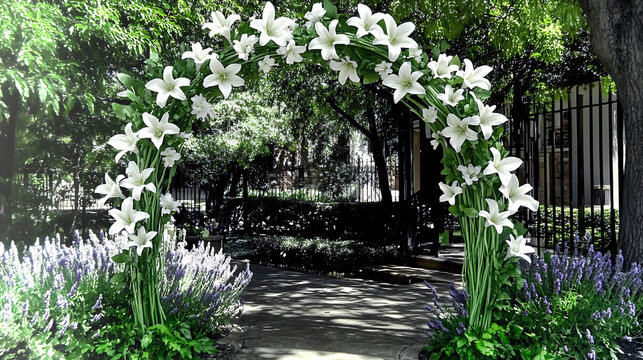 Elegant floral archway adorned with white lilies and lush greenery, perfect for wedding ceremonies, events, or romantic settings.  Creates a beautiful entrance in a garden or park.