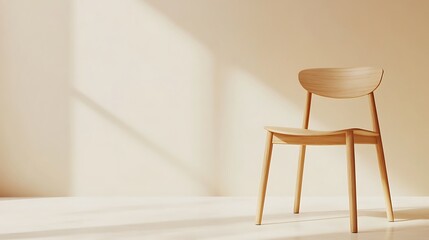 Simple And Elegant Wooden Dining Chair Positioned To The Right Against A Warm Beige Background Space