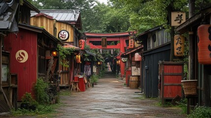 Traditional Japanese Street with Red Torii Gate and Lanterns in Kyoto