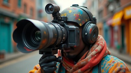 man filming with professional camera on city street. Photographer capturing moment. Urban life and creative passion.