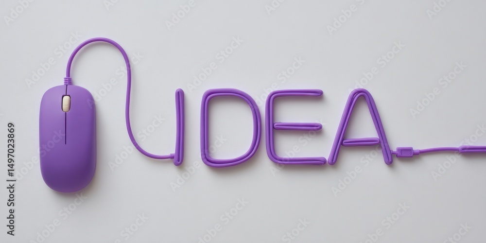 Poster purple computer mouse and creative writing on a white background showcasing the word idea in a playf
