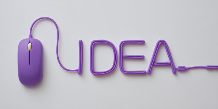 Purple computer mouse and creative writing on a white background showcasing the word idea in a playful design
