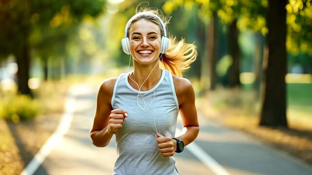 Joyful Jogger: A smiling woman with headphones enjoys a sunny morning run in a park, radiating health and vitality. 