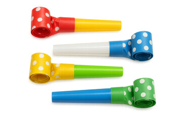 Colorful party blowers with polka dots on transparent background