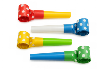 Colorful party blowers with polka dots on transparent background