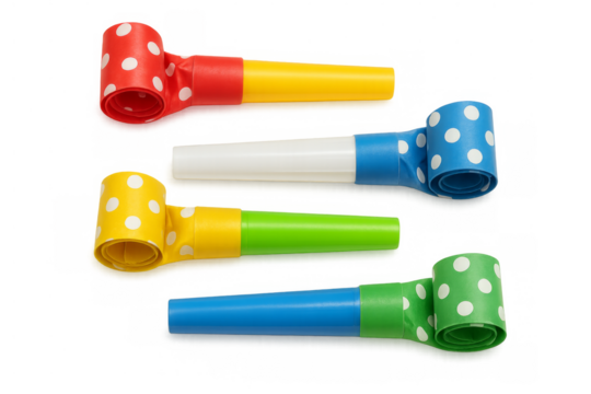 Colorful party blowers with polka dots on transparent background - Powered by Adobe