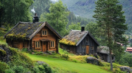 Fototapeta premium Charming Norwegian Cottages nestled amidst verdant landscape and misty mountains