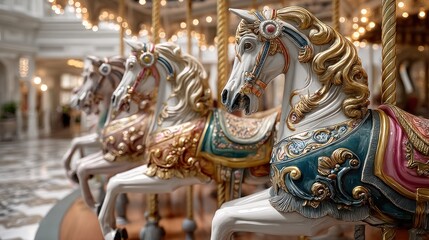Fototapeta premium Elaborate Carousel Horses in a Grand Setting Depicting Nostalgia and Whimsy