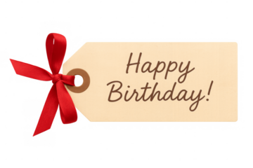 Happy birthday gift tag with red bow on transparent background
