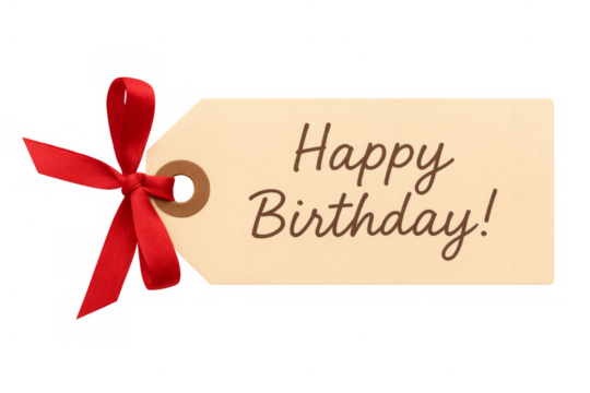 Happy birthday gift tag with red bow on transparent background