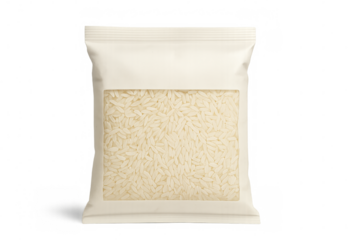 White rice packed in transparent plastic bag on transparent background