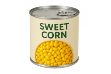Sweet corn tin can showing grains over transparent background