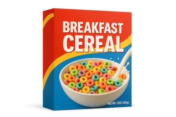 Colorful cereal box with milk pouring into bowl on transparent background