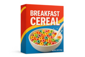 Colorful cereal box with milk pouring into bowl on transparent background
