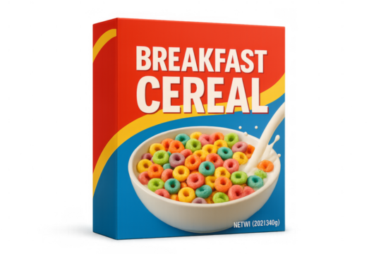 Colorful cereal box with milk pouring into bowl on transparent background