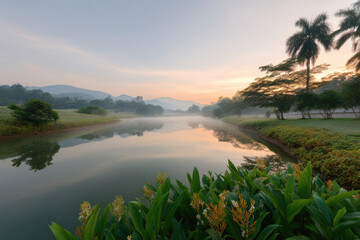 Obraz premium serene summer dawn at tranquil lake sky painted in soft pastels as sun rises