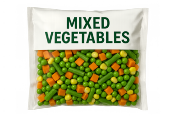 Frozen mixed vegetables in clear plastic bag on transparent background
