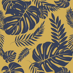 seamless background with leaves Elegant navy and gold tropical leaf pattern — perfect for modern exotic designs.