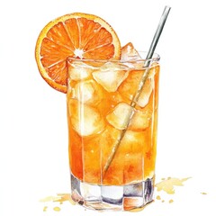 Watercolor illustration of an orange iced drink