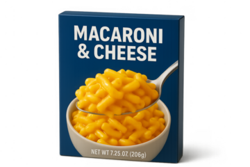 Macaroni and cheese box with bowl and spoon on transparent background