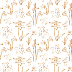Elegant seamless vector pattern with daffodils (daffodil flowers). Hand-drawn in doodle style..