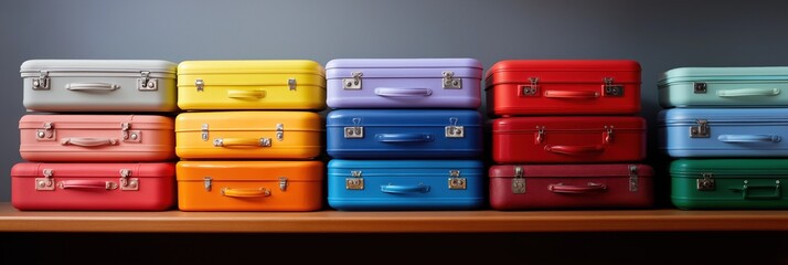A row of colorful suitcases are lined up on a table. The suitcases are of different colors and sizes, and they are arranged in a neat and orderly manner