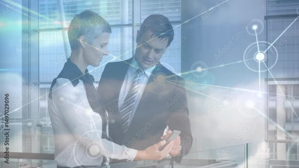 Poster business duo tilting smartphone on balcony demonstrating network animation with data flow