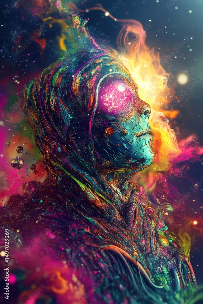 Poster an absolutely mesmerizing abstract portrait that showcases vibrant neon colors along with intricate 