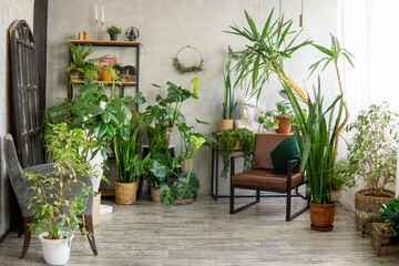 A fragment of the interior with a variety of indoor plants and plaster sculptures. Urban jungle concept. Biophilia design.