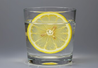 A bright yellow lemon slice is placed inside a clear glass filled with water on a neutral gray background tabletop surface. Healthy, refreshing, detox beverage and simple everyday domestic still life.