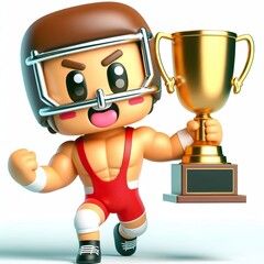 Obraz premium Animated character 3D image of a wrestling winner celebrating with a gold cup, cute design, white background