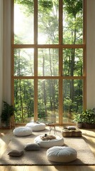 Fototapeta premium Sunlit room with floor cushions, low table, and expansive forest view through large windows
